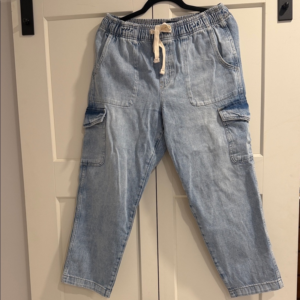 Light Blue women’s Denim Cargo Jeans with Elastic Waist